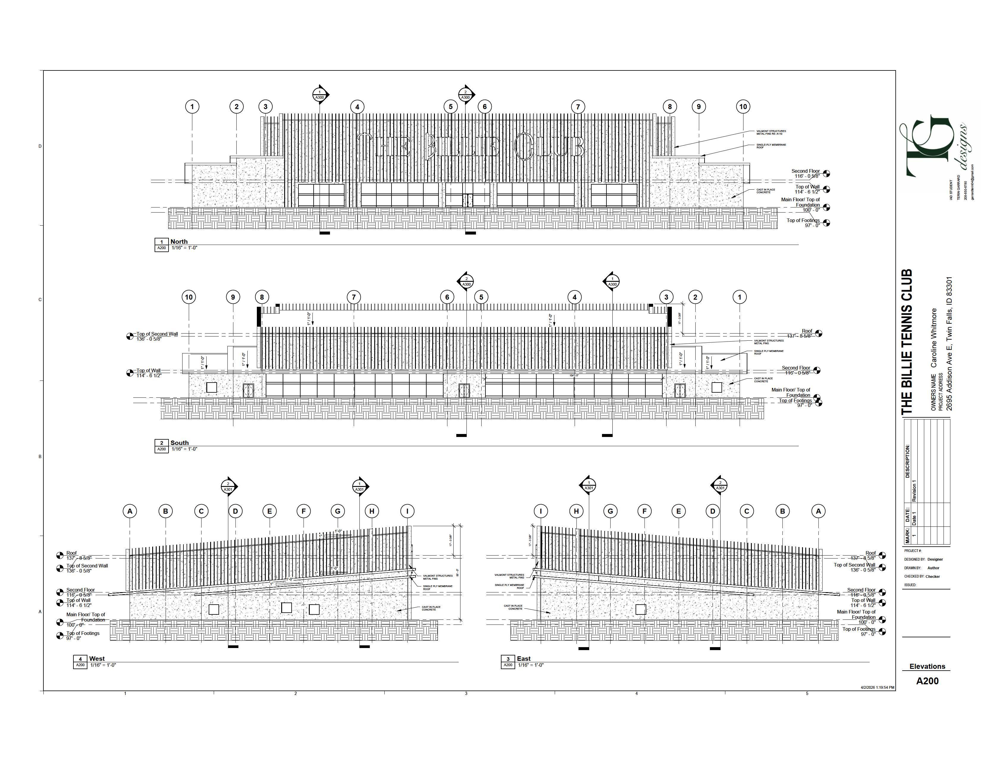 Architectural exterior elevations of The Billie Tennis Club, featuring North, South, East, and West views that detail the vertical metal fin facade, rooflines, and material callouts.