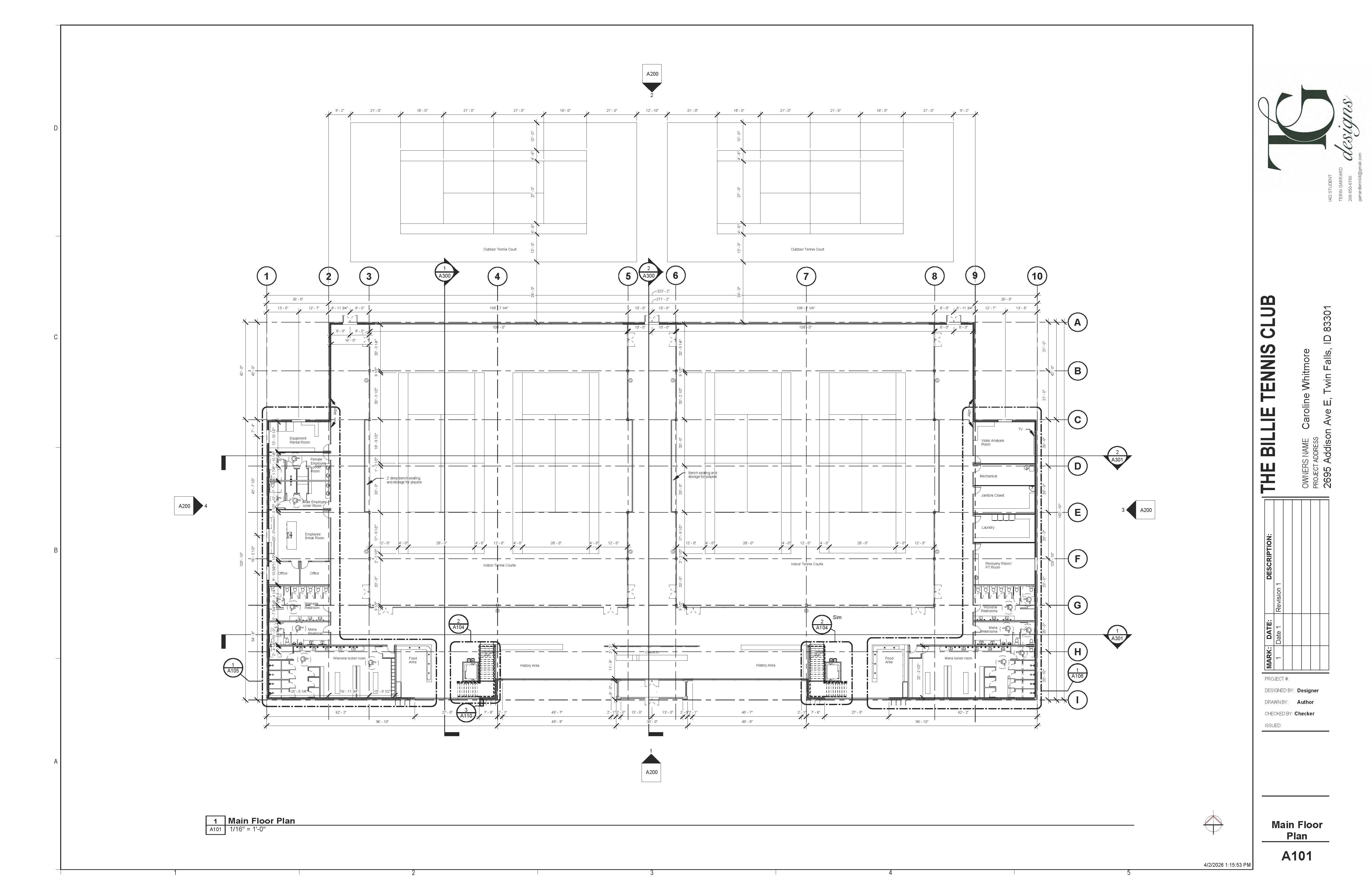 A detailed floor plan of The Billie Tennis Club showcasing four indoor tennis courts with connecting walkways, a central reception, dedicated locker rooms, and a social lounge, all clearly labeled with dimensions.