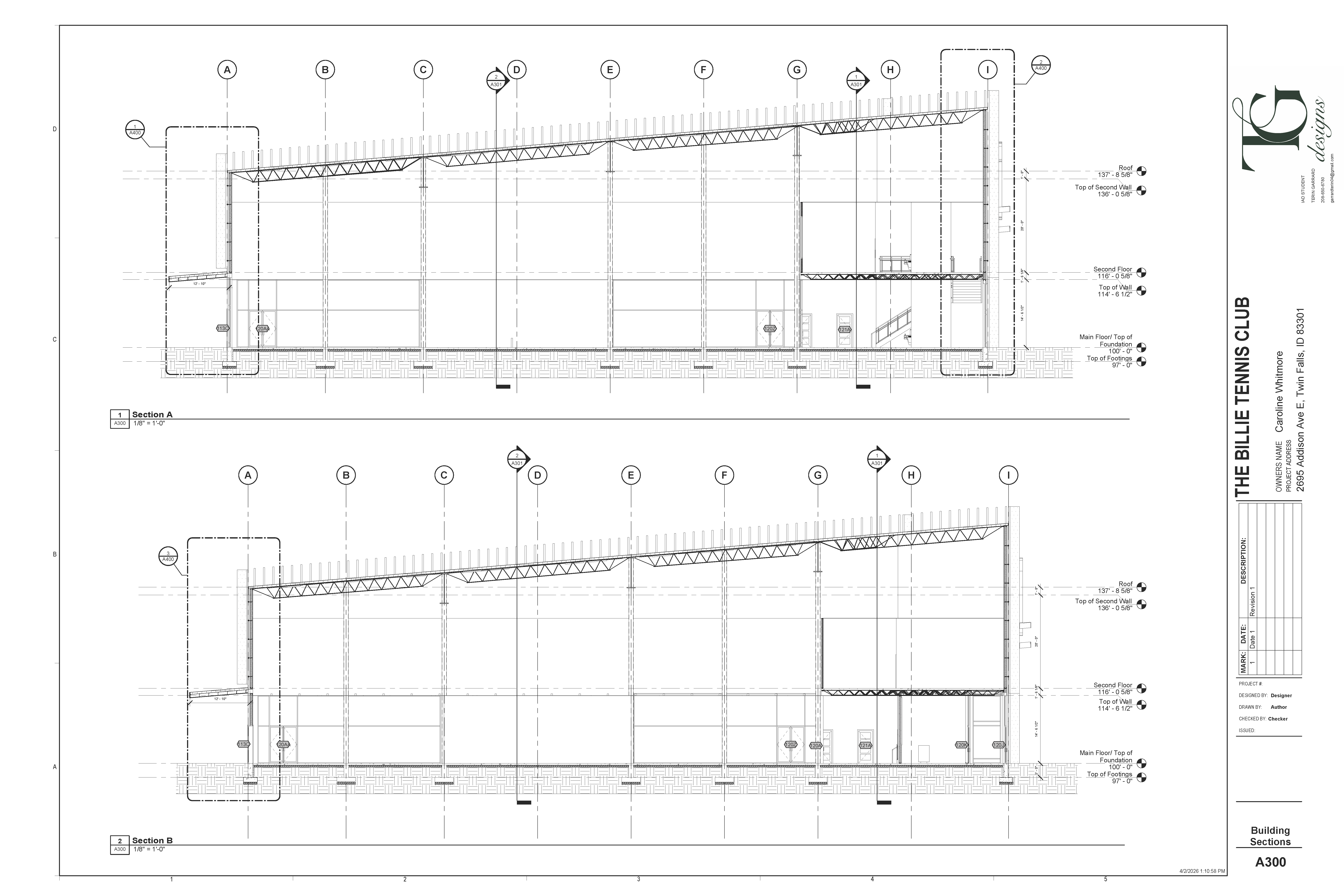 Two detailed building sections illustrating the structural roof trusses, columns, and floor systems to showcase the interior heights and how the building is constructed.