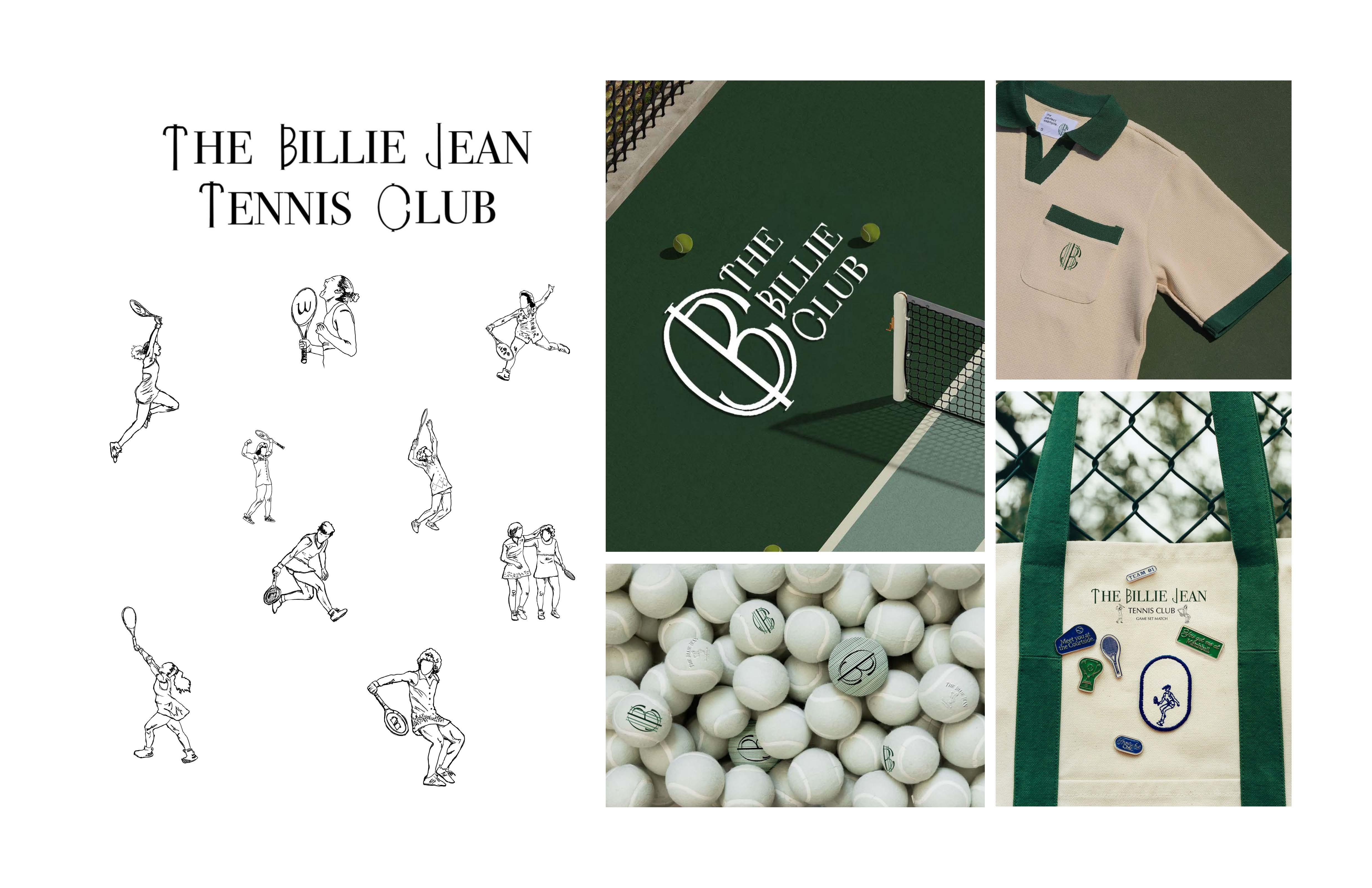 A brand identity package for The Billie Tennis Club, featuring custom illustrations of female tennis players alongside the official logo applied to a tennis court, apparel, tennis balls, and a tote bag.