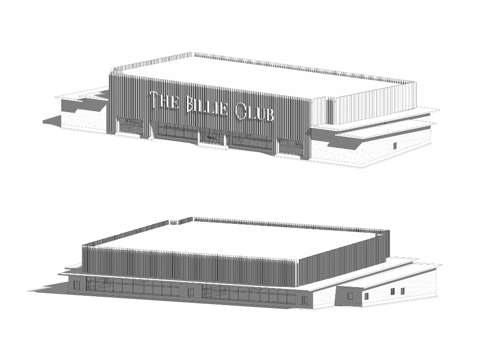Two views showcasing the front and back of The Billie Tennis Club, highlighting the exterior materials, vertical metal fins, prominent signage, and expansive windows.