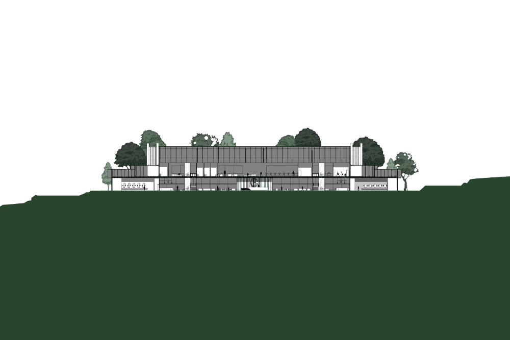 A rendered architectural section of a modern tennis facility showcasing the reception desk, social lounges, and athletic zones, set against a deep green ground plane.