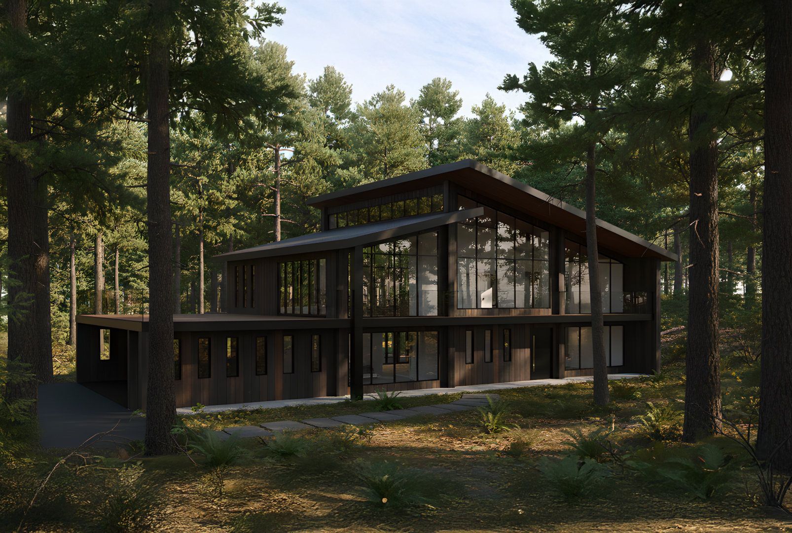 Exterior rendering of a modern house in the woods
