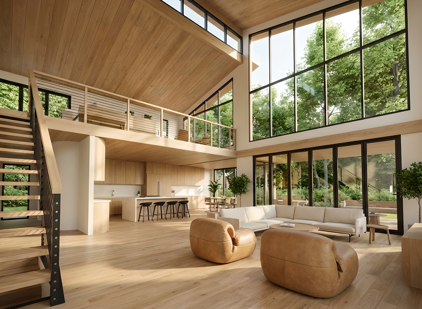 Interior rendering of a modern house living space in the woods