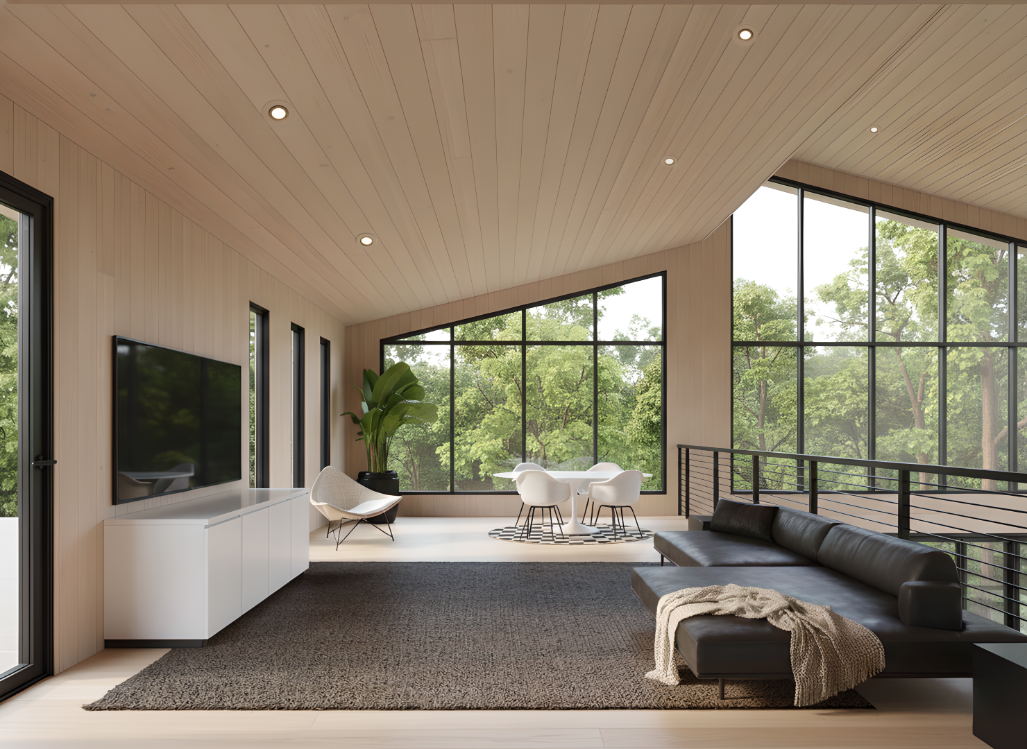 Interior rendering of a modern house living space in the woods
