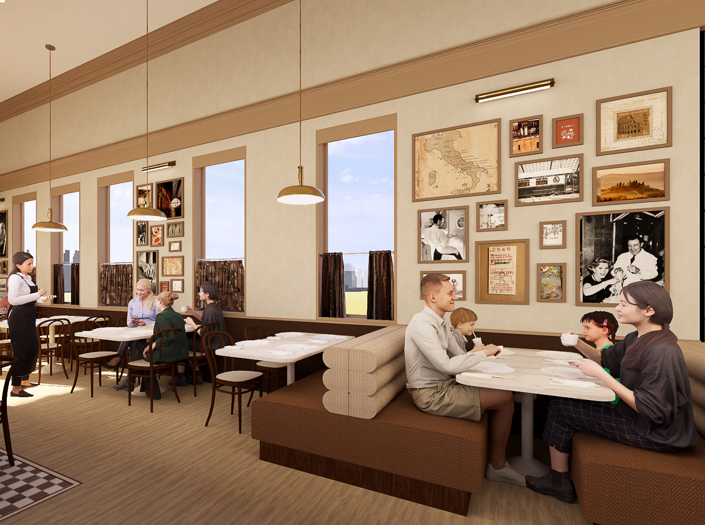 Interior rendering of a restaurant showing a mix of booths and table seating, a gallery wall of framed artwork that creates a warm, Italian-inspired atmosphere.