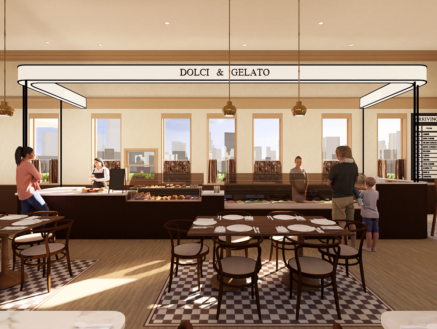 Interior rendering of an Italian restaurant featuring a gelato dessert bar, glass display cases, warm lighting, tall windows, and checkered flooring accenting portions of the seating area.