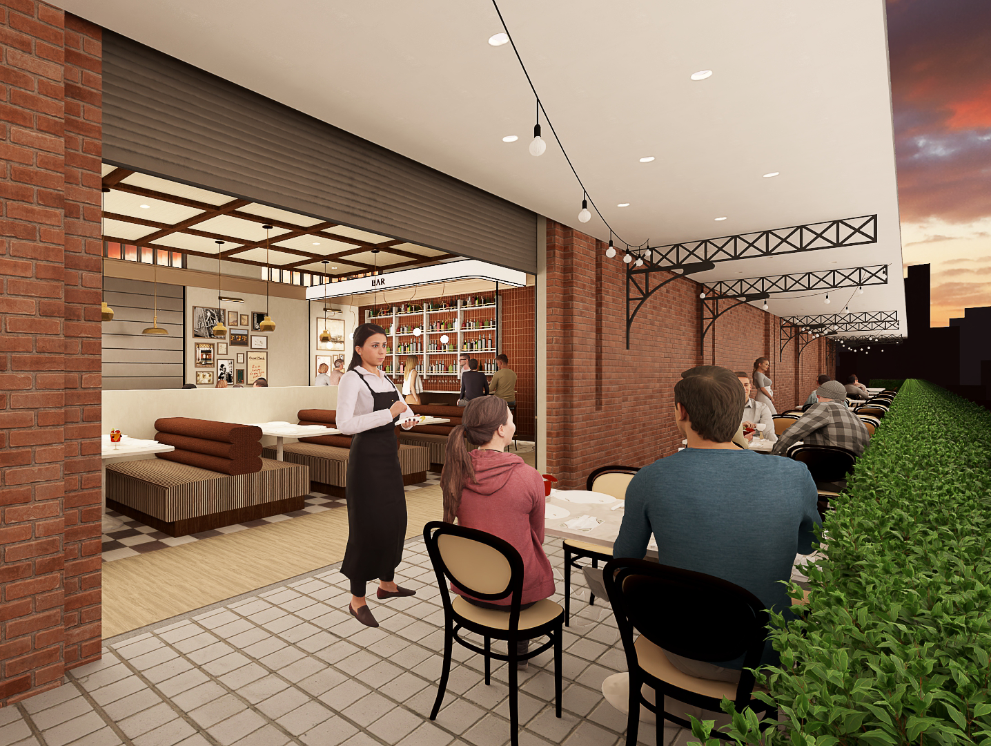 3D rendering of an Italian restaurant’s outdoor dining area that blends historic charm with a modern vibe featuring original brick walls, string lights, and operable garage doors that create a seamless flow to the indoor dining area.