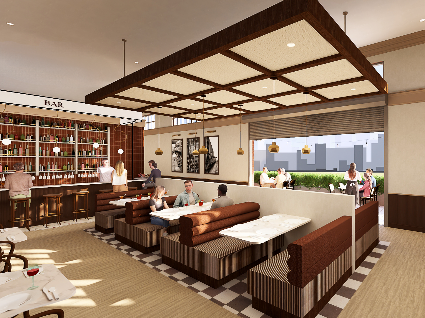 3D rendering of an intimate indoor dining area featuring a decorative coffered wood ceiling, booth seating, and a checkered tile floor that creates a cozy, distinct zone within the open restaurant layout.