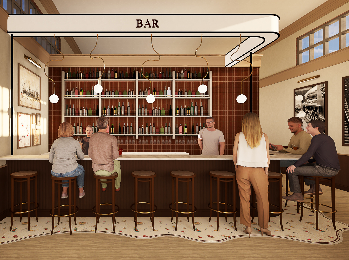 Rendering of a modern Italian restaurant bar featuring dark wood stools, warm terracotta wall tiles, and a custom wavy-edged mosaic floor patterned with playful illustrations of pasta, tomatoes, and wine.