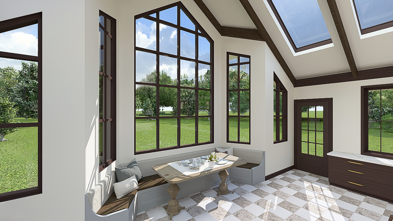 3D rendering of a breakfast nook featuring a light blue built-in banquette under large angled windows, and a rustic pedestal table set with blue-and-white dishware.