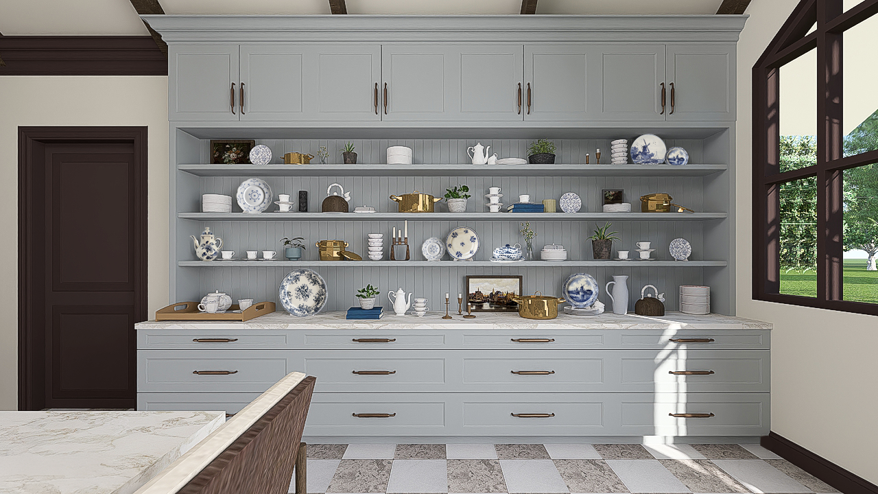 An interior rendering of a pale blue built-in hutch featuring open shelving filled with a curated collection of blue-and-white Delftware, copper pots, and tea sets above a marble countertop and wide storage drawers.
