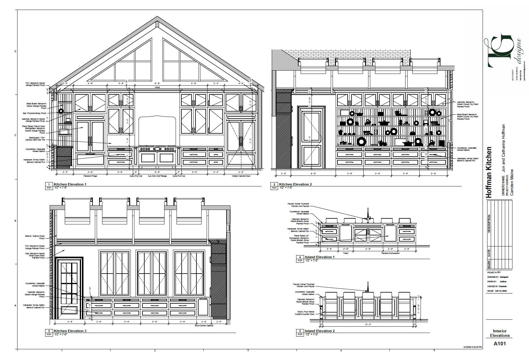 Elevation line drawings for a kitchen design, detailing the cabinetry, vaulted ceilings with skylights, island dimensions, and architectural features across multiple views.