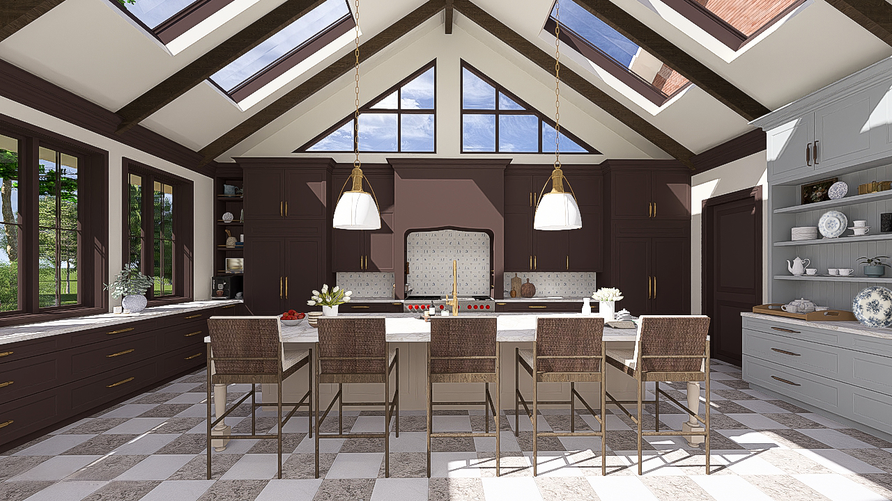 Interior rendering of a vaulted-ceiling kitchen featuring dark plum cabinetry, a large marble-topped island with woven barstools, a classic checkered floor, delft tile backsplash, and a series of skylights and large triangular windows.