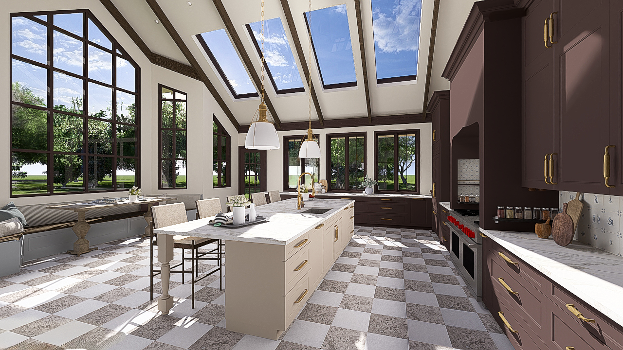 An angled interior rendering of a kitchen showcasing a long cream island, checkered floors, dark plum cabinetry, and a vaulted ceiling with large skylights.