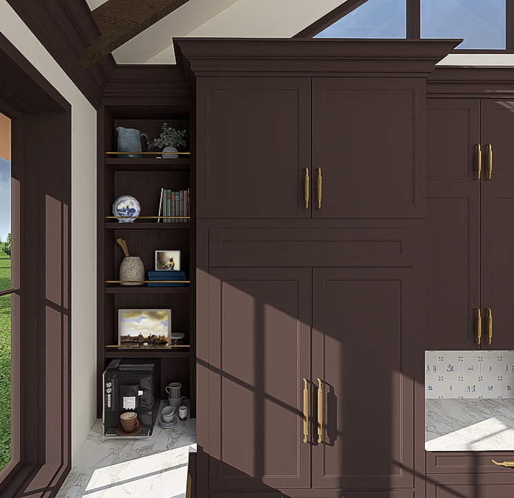 A vignette rendering of a coffee bar station in a dark plum nook with an espresso machine and open shelving filled with cookbooks, art, and brass gallery rails.