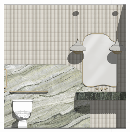 Bathroom interior rendering showing a unique mirror and pendants against tan tiles, with a dark green countertop and a green marble feature wall behind the toilet.