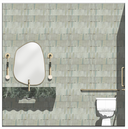 An interior elevation rendering of a bathroom featuring a dark green marble countertop with a scalloped edge, green tiled wall, and two distinct wood sphere light fixtures flanking a large circular mirror.