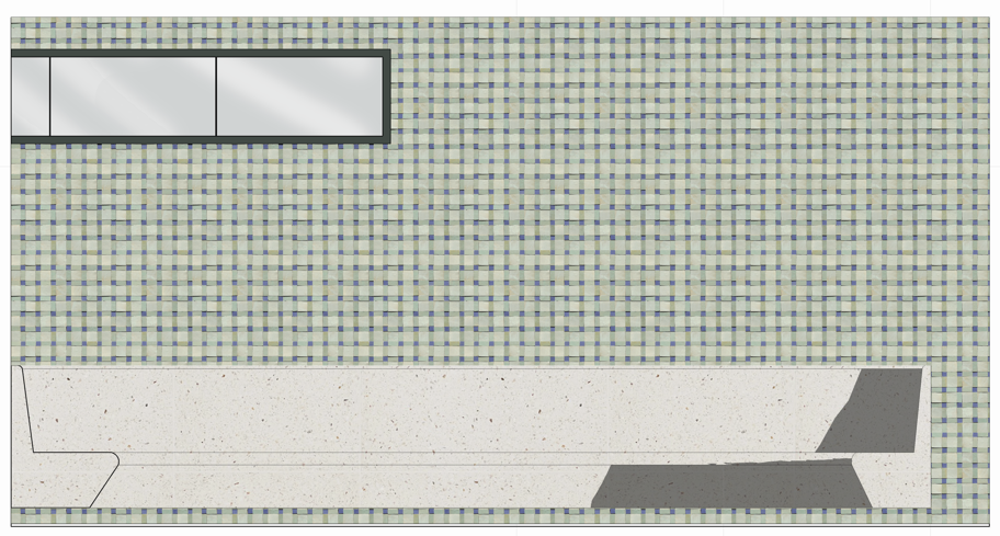Sauna room elevation featuring plaid-pattern tile in absinthe, tidepool, and Portuguese blue tones, with a custom built-in bench and high transom windows that allow natural light while maintaining privacy.