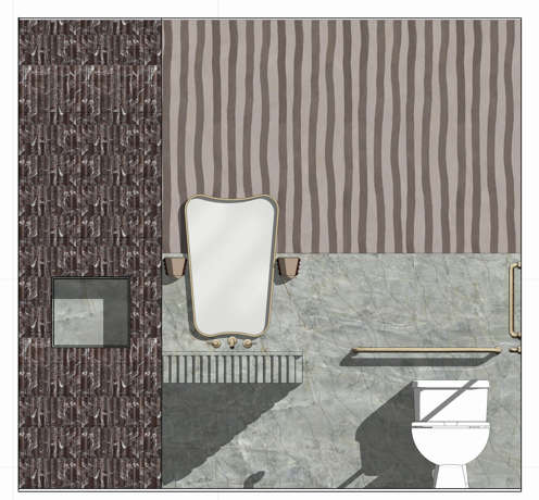 Rendered bathroom elevation featuring a fluted stone vanity, hourglass-shaped mirror, wavy-striped wallpaper, and a plum tiled shower with an inset nook.