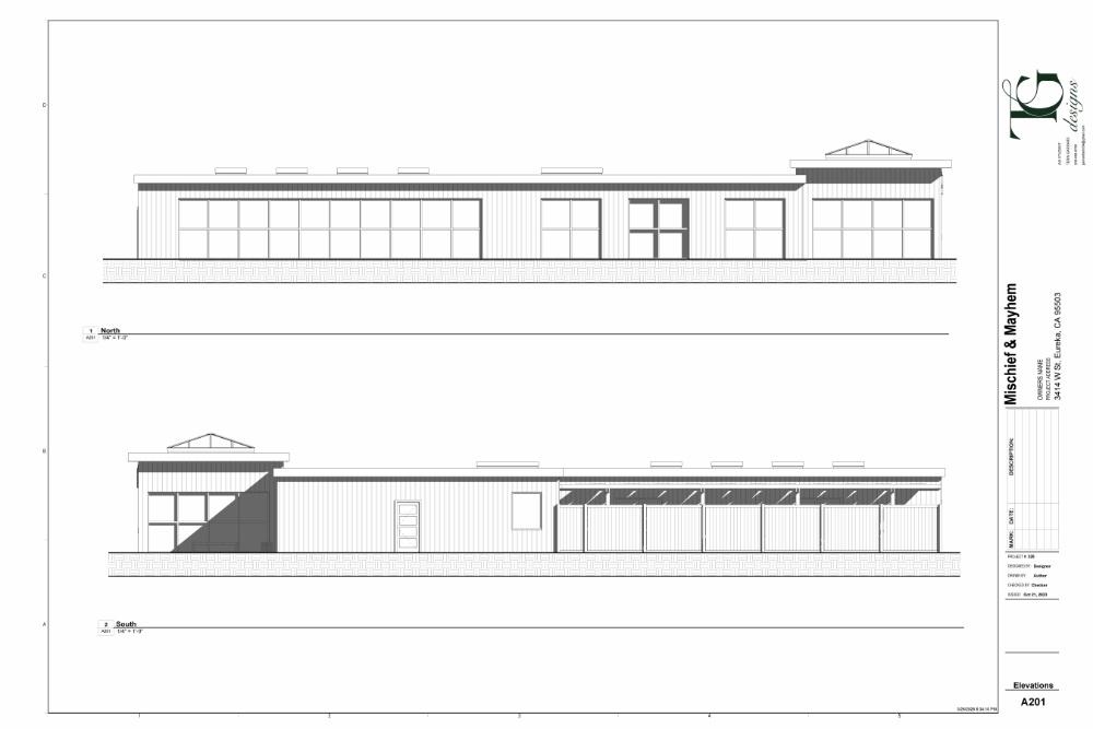 Architectural drawing showing the North and South elevations of the Mischief & Mayhem: Dog Adoption Center, detailing the vertical siding, large window expanses, and skylight roof structures.