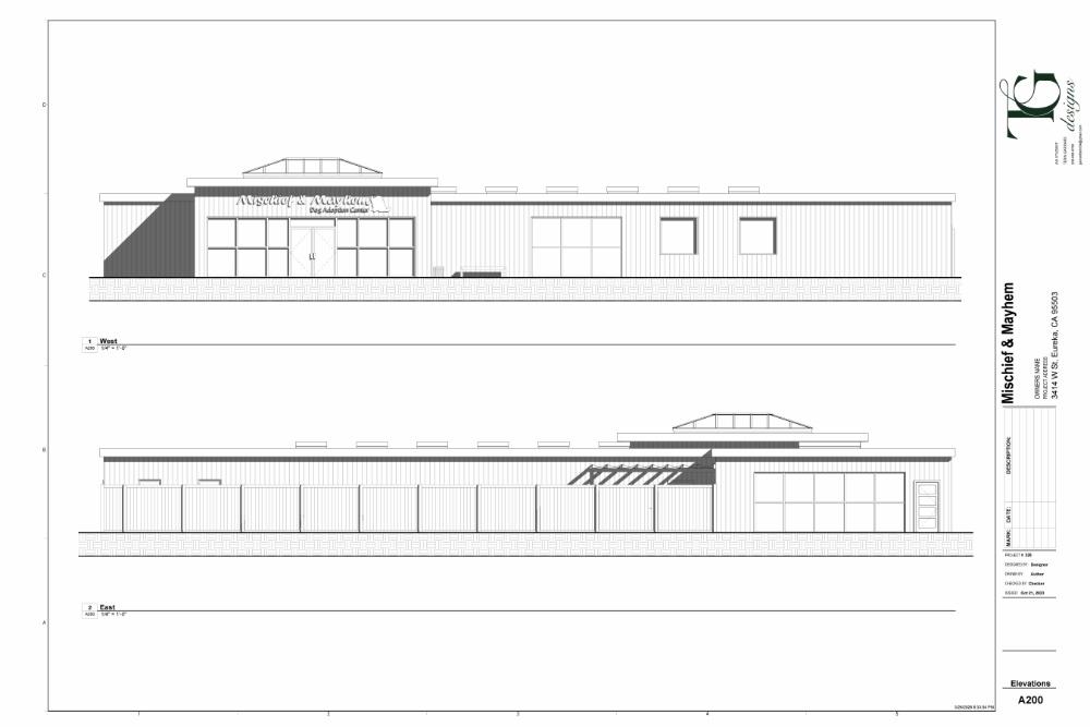 Architectural drawing showing the East and West elevations of the Mischief & Mayhem: Dog Adoption Center, detailing the vertical siding, large window expanses, and skylight roof structures.