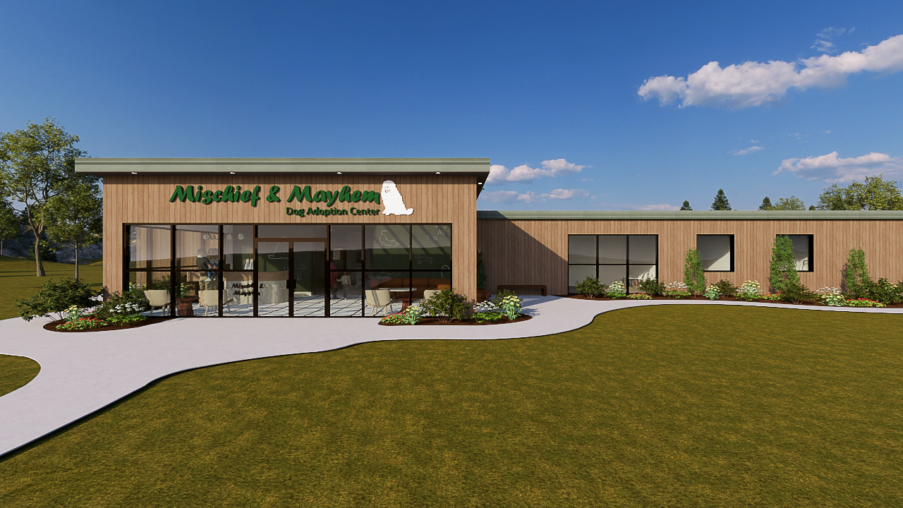An exterior rendering of the Mischief & Mayhem Dog Adoption Center, showcasing a modern wood-paneled building with large glass windows and a curved concrete walkway leading through a green landscape.