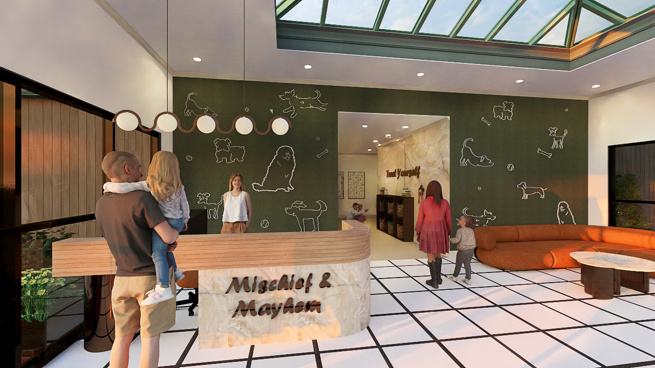 An interior perspective rendering of the Mischief & Mayhem lobby featuring a curved reception desk, an orange sofa, organic shaped coffee table, and a green feature wall with white dog silhouettes.