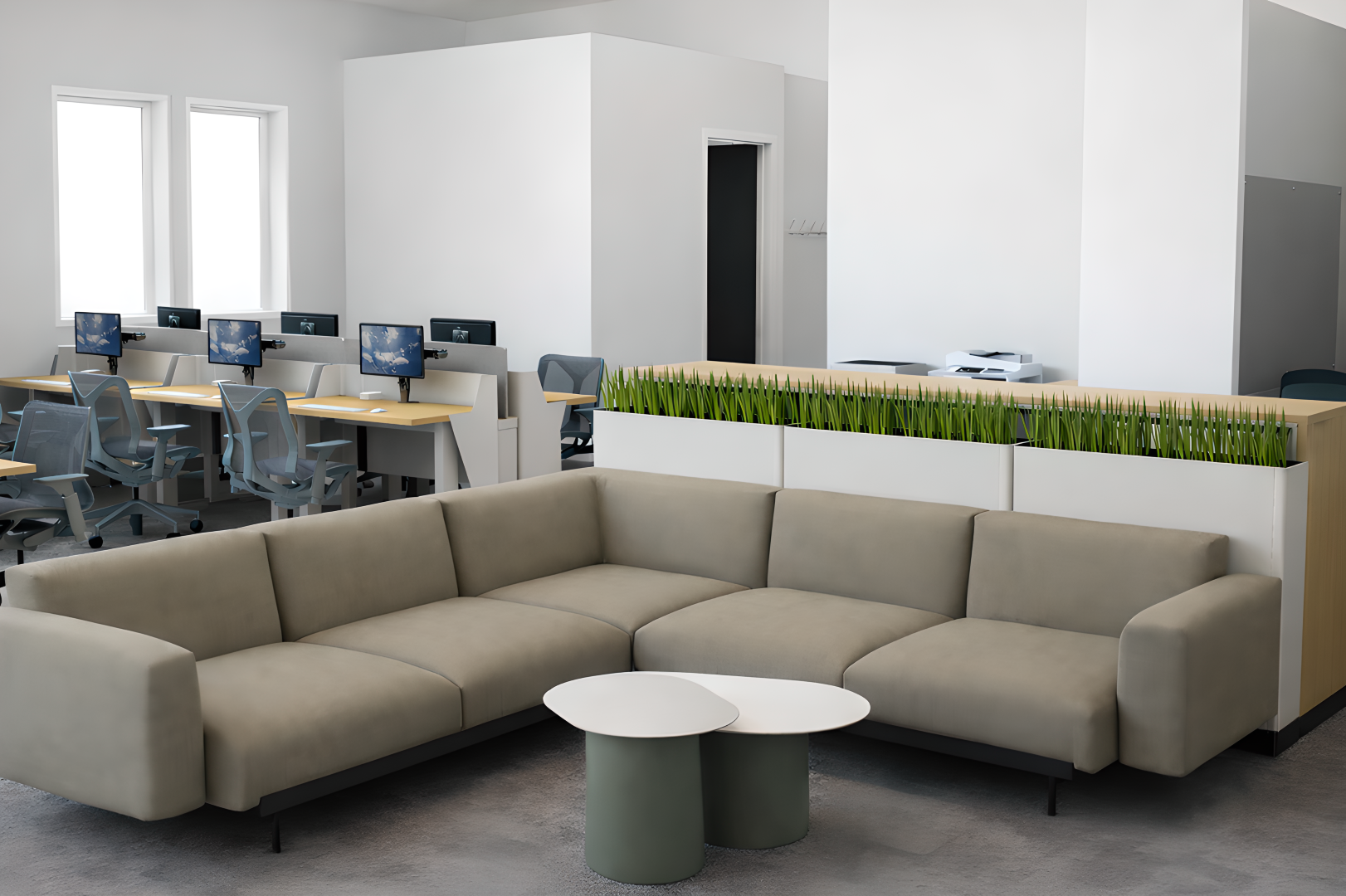 Interior rendering of a modern real estate office
