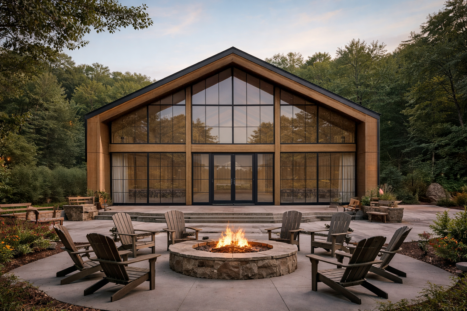 Exterior rendering of a mountain lodge clubhouse