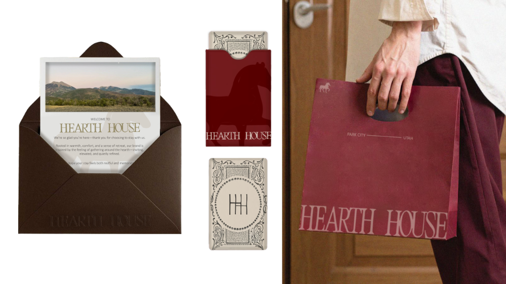 A collage showcases the "Hearth House" hotel branding in Park City, Utah, featuring a welcome
card in a chocolate brown envelope, a burgundy key card holder with a horse motif, and a
matching gift bag.