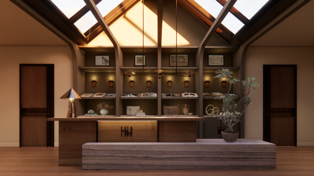 A warm, wood-toned lodge lobby features a reception desk made of dark timber and a long,
textured stone base, set against a backdrop of illuminated built-in shelving filled with books and
artifacts. Above, a dramatic vaulted ceiling with integrated skylights allows soft sunlight to stream into the space, highlighting the symmetrical design and modern rustic aesthetic.