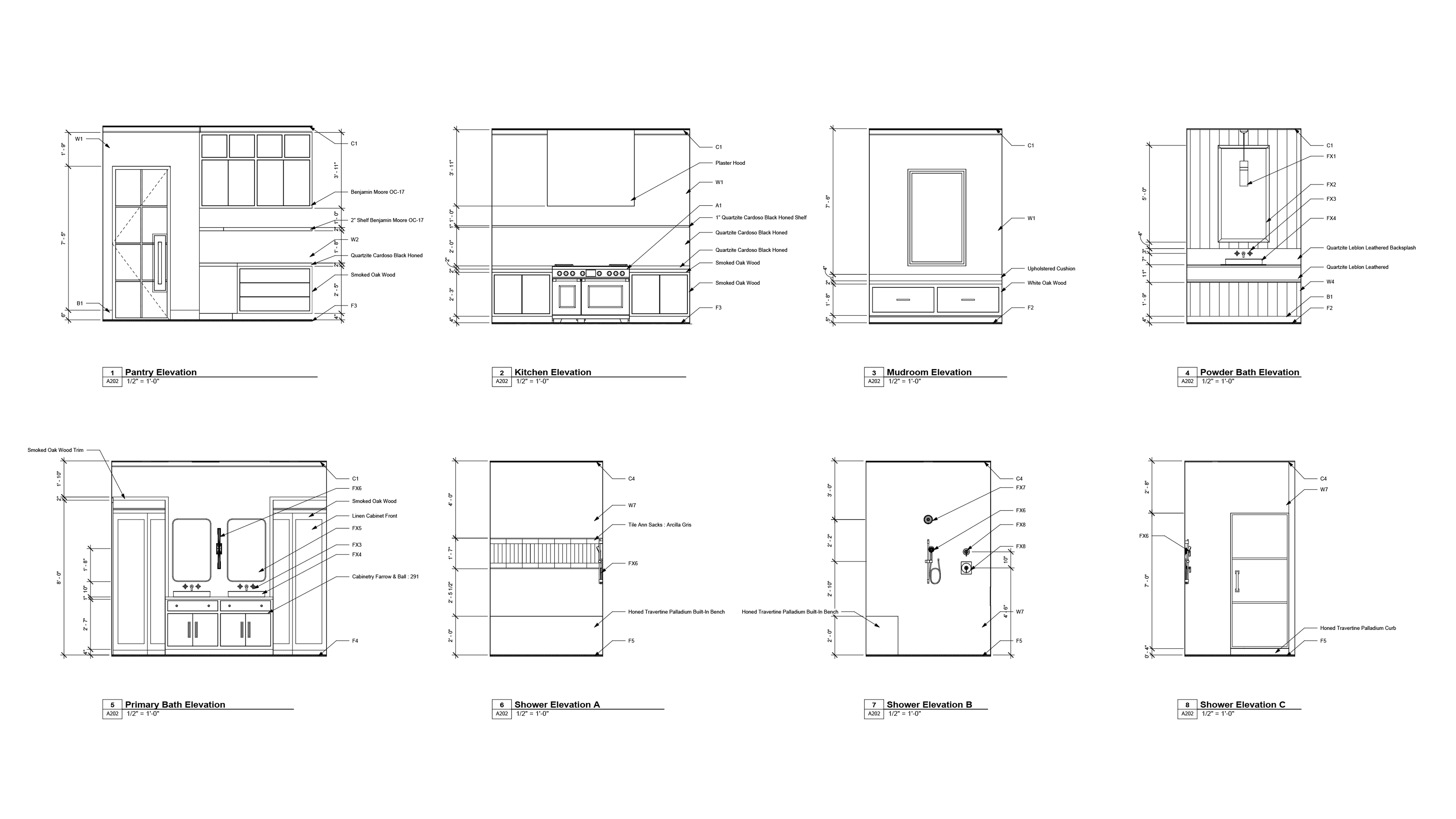 This image displays a series of eight architectural interior elevations, providing detailed interior views of various rooms including the pantry, kitchen, mudroom, and several bathrooms. Each
technical drawing is annotated with precise dimensions, material callouts, and scale information to guide the construction and installation of cabinetry, tiling, and fixtures.