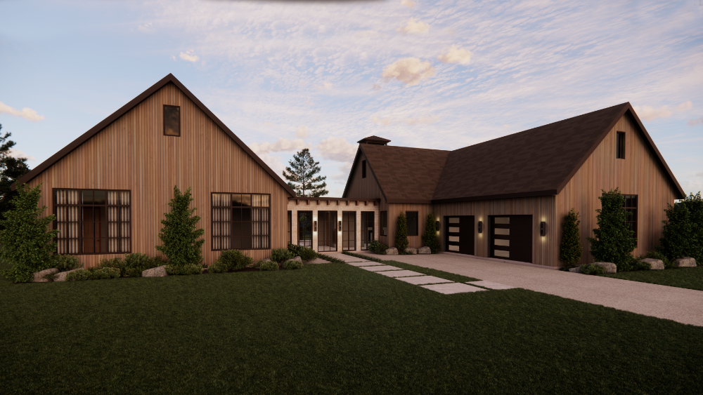 A front view of a gabled mountain home featuring rustic vertical wood siding, a rock-detailed breezeway, and dark shingle roofs. A concrete paver path with rock borders leads across a green lawn to the entrance, while a gravel driveway is flanked by dense plantings and boulders.