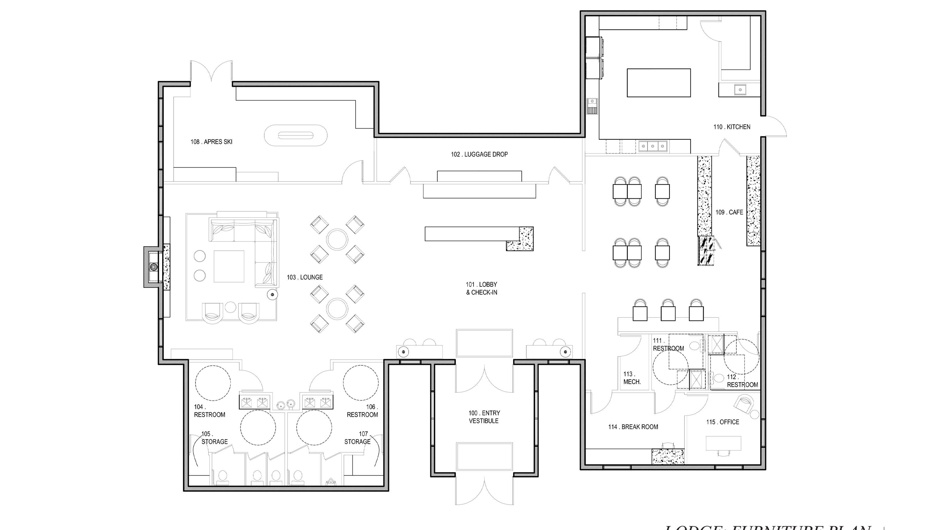 This architectural floor plan displays the furniture layout for a lodge lobby, featuring a central
check-in area flanked by a lounge with a fireplace and an "Apres Ski" space. The right wing
includes a kitchen and cafe with various seating arrangements, while the lower section contains
restrooms, storage, and administrative offices.