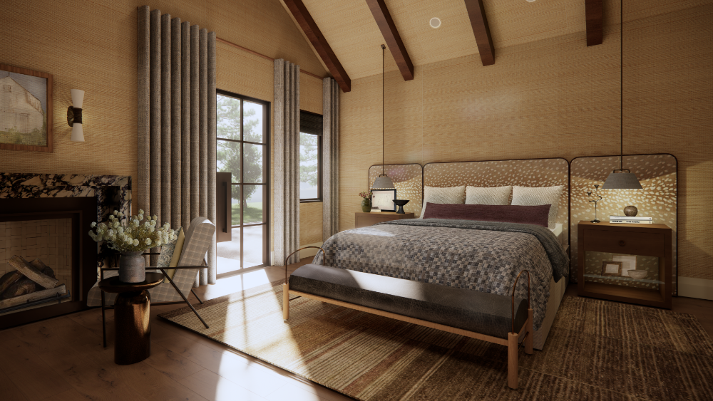 This mountain home primary bedroom features textured grasscloth walls and a vaulted ceiling
with exposed wood beams. The design is anchored by a three-panel fawn-print headboard and a marble fireplace, with glass doors opening to a scenic view of evergreen trees and snowy peaks.