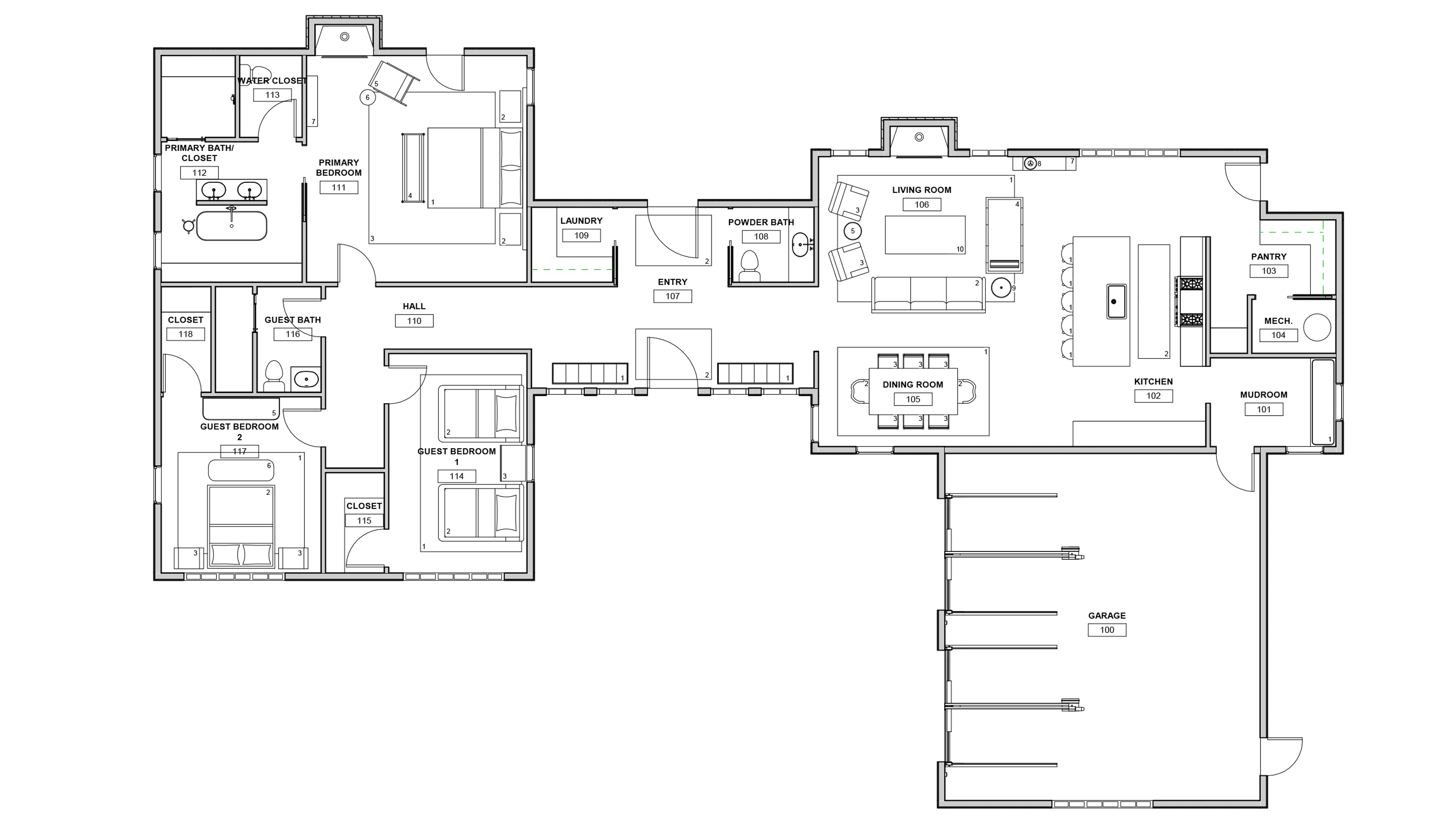 This image shows a detailed architectural furniture plan for a cabin, featuring a large garage, an open-concept kitchen and living area, and a private wing with three bedrooms. Each room is labeled and numbered, illustrating the layout of furniture such as beds, sofas, and dining set.