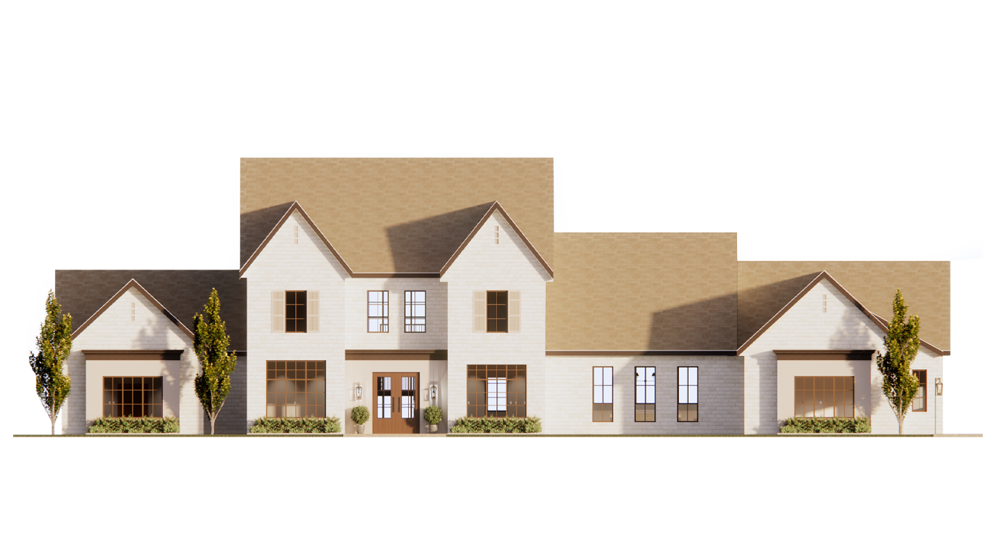 This image shows a two-story, transitional-style home with a white brick and stone exterior and
multiple tan gabled rooflines. The symmetrical front facade features a central double-door entry
flanked by large black-framed windows and accent shutters on the upper level.