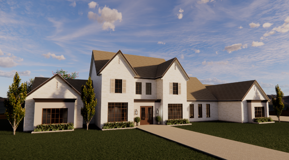 A front-perspective 3D rendering of a large, two-story white brick house featuring multiple
gables and a dark brown front door. The home is set against a blue sky with light clouds and
includes a long, paved walkway leading through a manicured green lawn.
