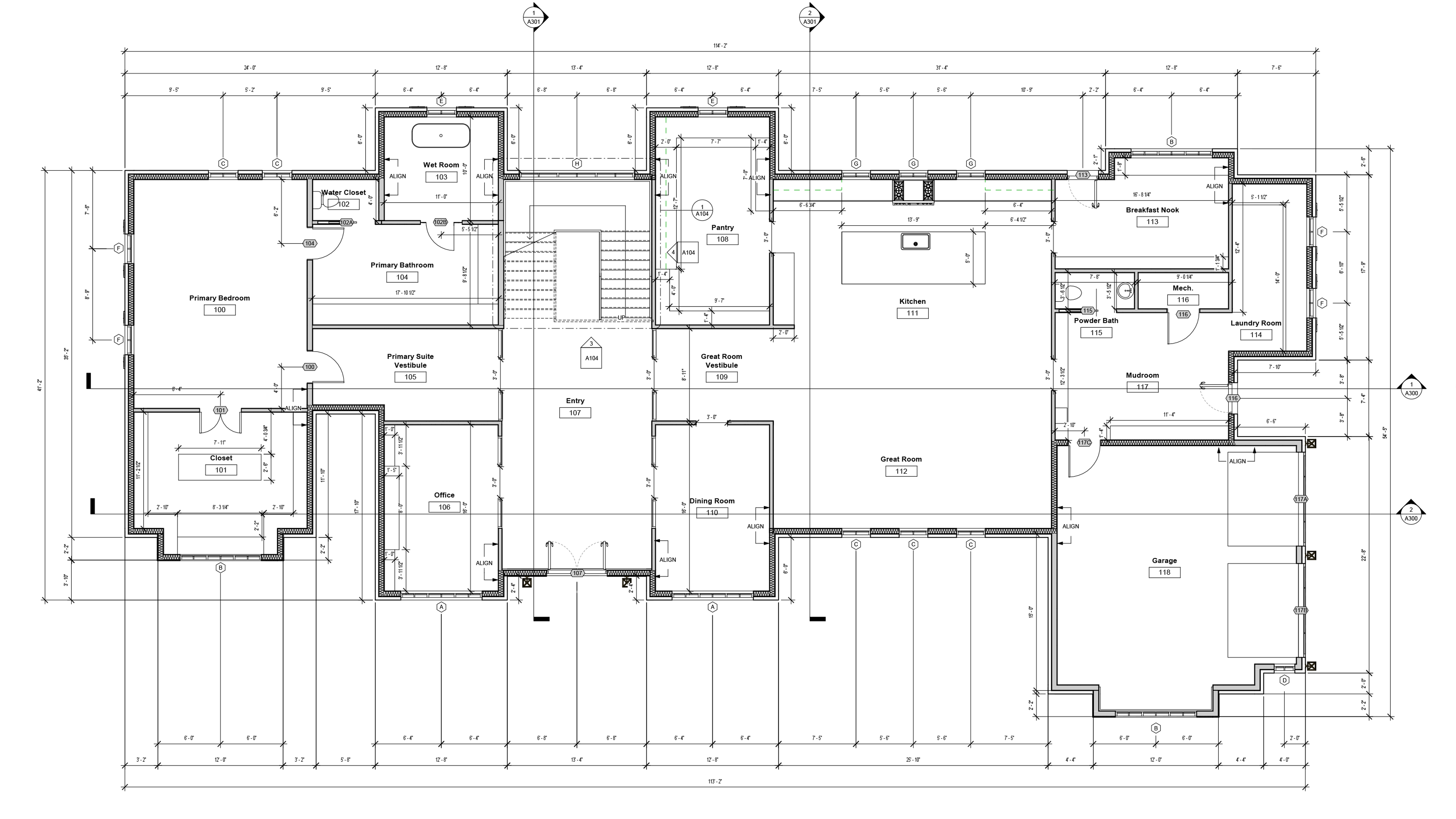 This image is a detailed architectural floor plan of a home's main level, featuring a spacious
layout with a primary suite on the left, a central entry and dining area, and an open-concept great room and kitchen on the right. The plan includes precise measurements and annotations for various rooms, including a mudroom, laundry room, and a two-car garage situated at the far right of the structure.