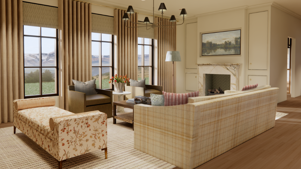 This warm, transitional great room features a marble fireplace flanked by built-in cabinetry and a large sectional sofa upholstered in a light beige plaid fabric. The space is anchored by a patterned area rug and large black-framed windows dressed in floor-to-ceiling sand-colored drapery, offering a view of a rolling mountain landscape.