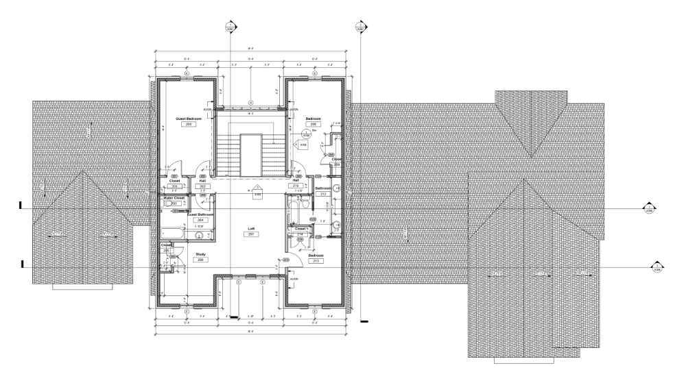 This architectural drawing displays the upper floor plan of the residence, centered around a
central loft and a staircase that overlooks the lower level. The layout features a guest bedroom
with an ensuite bathroom and study on the left, while two additional bedrooms and a shared
bathroom are located on the right, all surrounded by the overhead view of the home's various
rooflines.