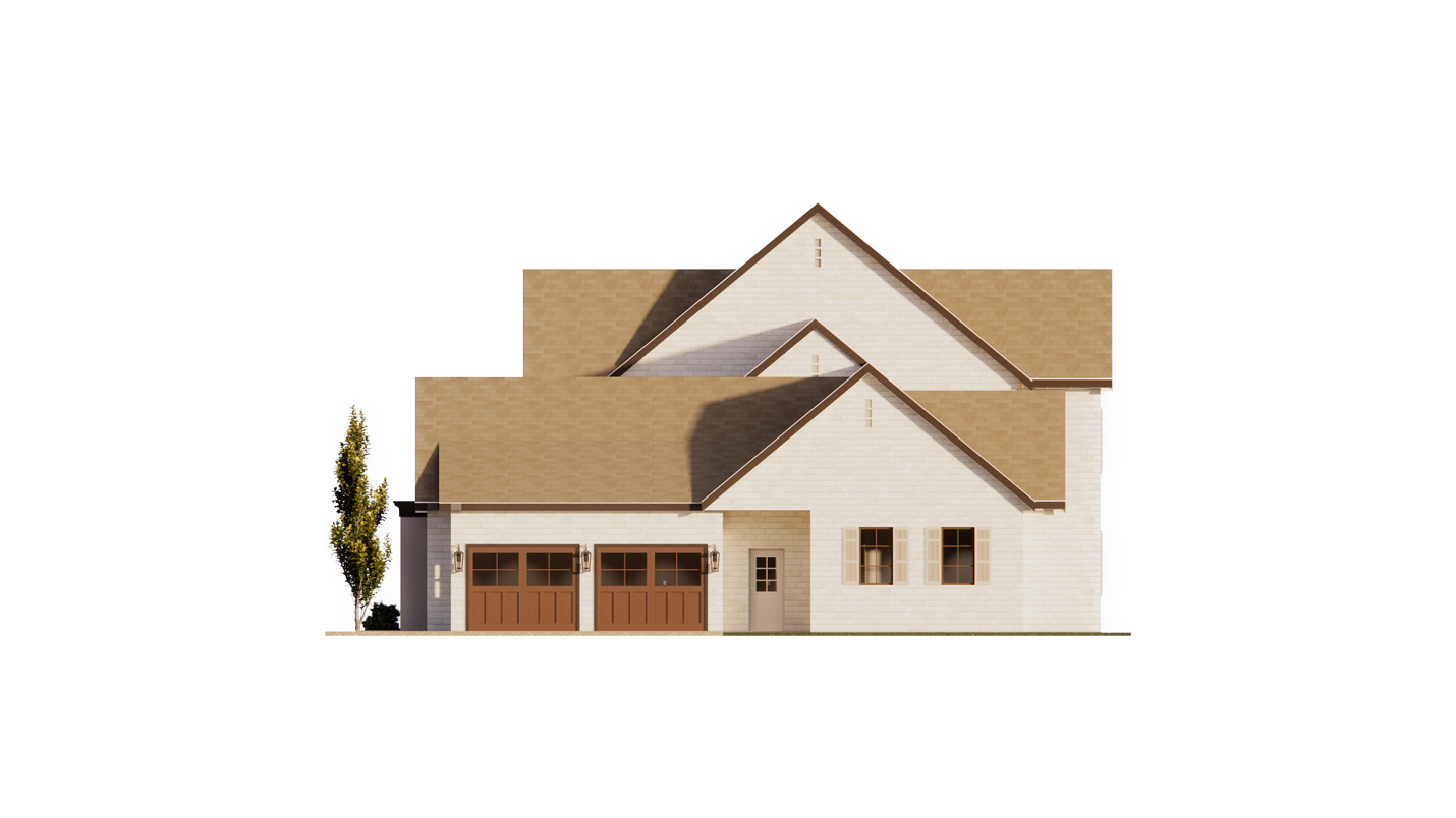 An architectural rendering shows the east elevation of a multi-gabled, two-story home featuring off-white brick siding and a tan shingled roof. The facade includes two wooden carriage-style garage doors, a recessed entryway, and a pair of windows with light-colored shutters.