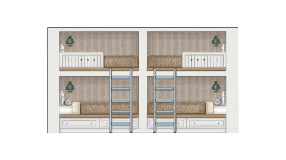 This elevation shows a symmetrical built-in bunk bed system featuring four sleeping nooks
arranged in a two-by-two grid. Each bunk includes textured wall coverings, integrated storage drawers at the base, individual teal reading lamps, and sturdy blue ladders for access to the upper levels.