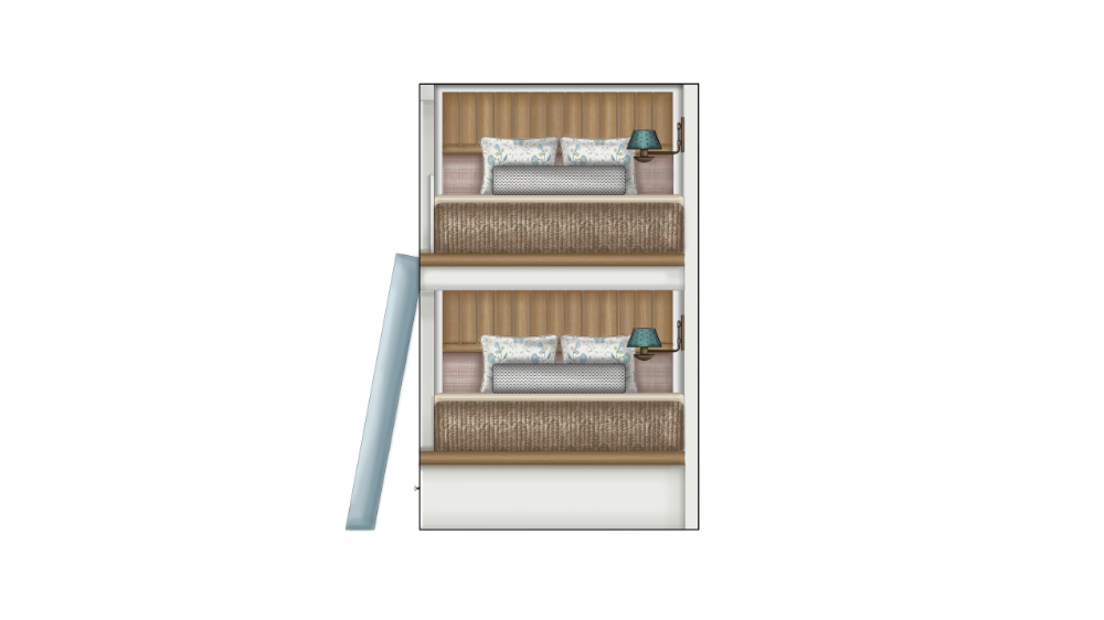 This elevation depicts a single set of built-in bunk beds from a head-on perspective, featuring
wood-paneled back walls and cozy bedding with decorative pillows. Each level is equipped with
a wall-mounted teal reading lamp, and a light blue ladder leans against the side for access to the top bunk.