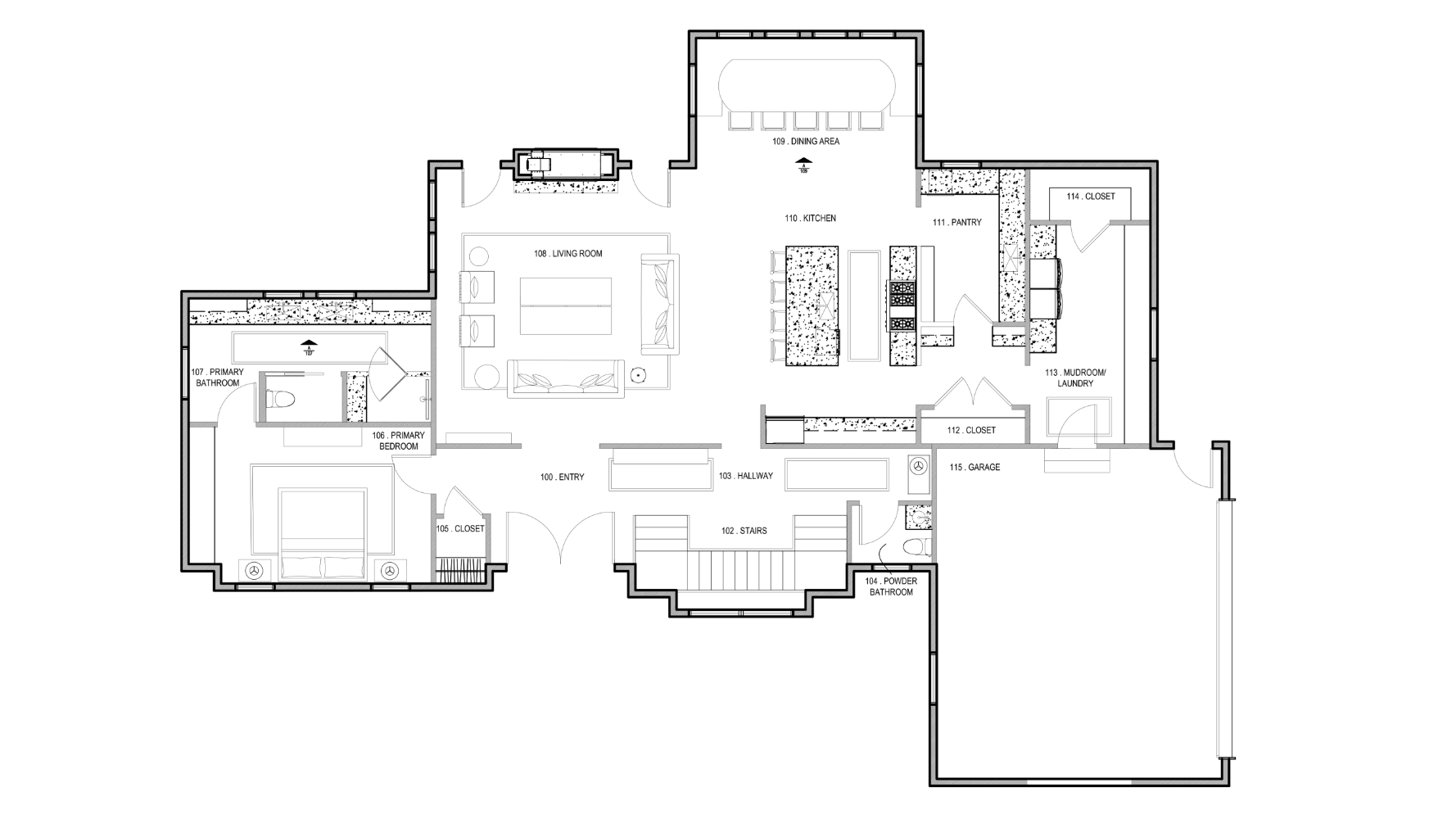 This architectural floor plan details the main level of a home, featuring an open-concept living
room, kitchen, and dining area that serves as the central hub. The layout also includes a private
primary suite with a large bathroom, as well as functional utility spaces like a mudroom, laundry,
and an attached garage.