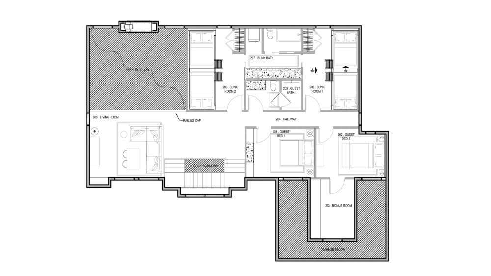 This architectural floor plan of the upper level highlights a spacious living area and bonus room,
designed for guest comfort and recreation. The layout includes two guest bedrooms and two
specialized bunk rooms, all supported by two full bathrooms and a central hallway that overlooks
the floor below.