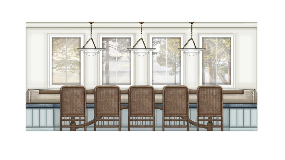 This elevation illustrates a refined dining area featuring a long built-in banquette with a blue
cushion and a row of woven, high-back chairs. The space is illuminated by three elegant pendant lights hanging before four large windows that offer a serene view of a wooded lakeshore.