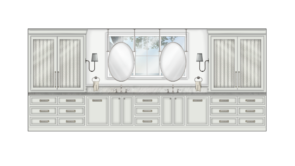 This architectural elevation showcases a symmetrical primary bathroom vanity featuring double sinks, marble countertops, and extensive white cabinetry with both drawer and cupboard storage. The design is anchored by two large oval mirrors suspended in front of a central window, flanked by tall glass-front linen cabinets and classic wall sconces.