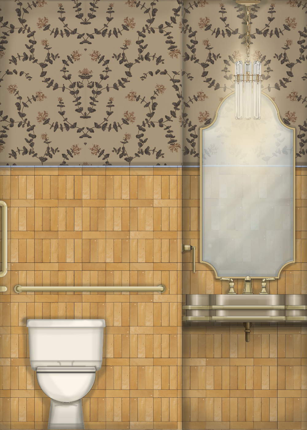 This elevation depicts a stylish restroom featuring a vertical-stacked tan tile wainscoting and a
decorative floral wallpaper in earthy tones. The design includes a wall-mounted metallic vanity
with a contoured mirror and a glass cylinder pendant light, positioned alongside a modern toilet with matching brass grab bars.
